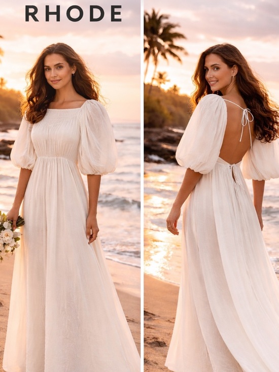 RHODE Dresses & Skirts - RHODE,Chloe Cotton Puff Sleeve Dress Ecru Open-Back Boho Luxury Resort Size L